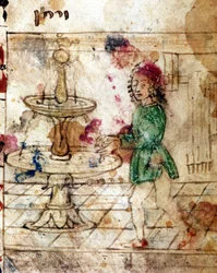 Judendom: rituell tvagning. Miniatyr tagen från en sida av en Machazor på hebreiska. 1400-talet. Biblioteca Palatina, Parma