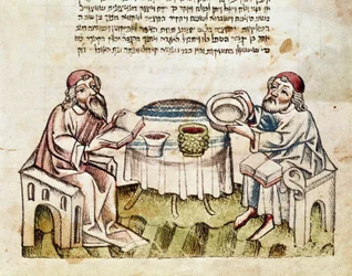 Judendom: "" två rabbiner firar påsk med ceremonin för Seder"" Miniatyr från en Mahzor (bönebok på hebreiska) 1400-talets Parma, Biblioteca Palatina