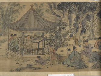 Gathering At The Lanting Orchid Pavilion (bläck och färg på satin)