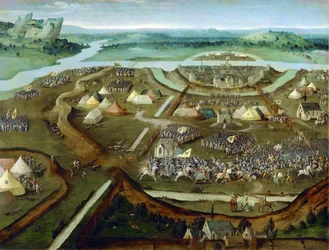 Tidig nederländsk konst: La bataille de Pavie - Slaget vid Pavia par Patinier (Patenier ou Patinir), Joachim, anhängare av , ca 1530. Olja på trä, 31x41. Konsthistoriska museet, Vienne
