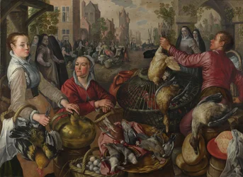 De fyra elementen: luft. En fjäderfämarknad med den förlorade sonen i bakgrunden, 1569