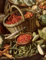 Detalj av stilleben med frukt, grönsaker och en marknadskvinna, 1564 (se 247452 och 247451)