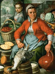 Tidig nederländsk konst: marknadskvinna, ca 1561 (olja på trä)
