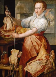 Tidig nederländsk konst: Kocken (Kristus i Marthas och Marias hus) av Beuckelaer (Bueckelaer), Joachim (ca 1533-1574)