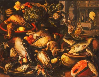 Vilt, fisk, frukt och grönsaker i korgar och skålar i ett skafferi, 1569