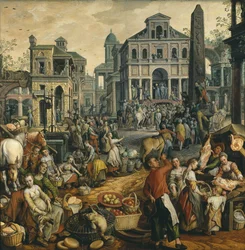 Scene de marche avec Ecce Homo - Marknadsscen med Ecce Homo, av Beuckelaer, Joachim (ca 1533-1574). Olja på trä