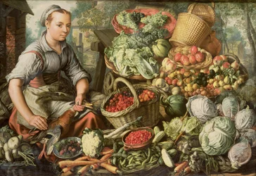 Stilleben med frukt, grönsaker och en marknadskvinna, 1564