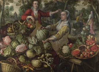 De fyra elementen: Jorden. En frukt- och grönsaksmarknad med flyget till Egypten i bakgrunden - av Beuckelaer (Beuckelaer), Joachim (1533-1574) - 1569 National Gallery, London