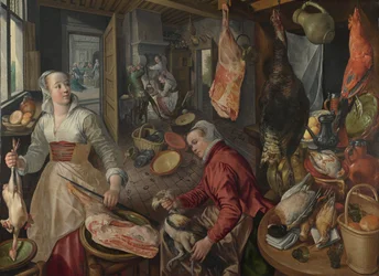 De fyra elementen: eld. En köksscen med Kristus i Marthas och Marias hus i bakgrunden - av Beuckelaer (Beuckelaer), Joachim (1533-1574) - 1569 National Gallery, London