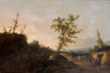 Resenärer i ett landskap (olja på duk)