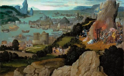 Tidig nederländsk konst: Martyrskapet av Saint Catherine par Patinier, Joachim (ca 1480-1524), före 1515. Olja på trä, 27,8x44,8. Konsthistoriska museet, Vienne