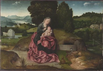 Le repos pendant la fuite en Egypte - Vilan på flykten till Egypten, av Patinier (Patenier, Patinir), Joachim (ca 1480-1524). Olja på trä. Mått: 21,5x31 cm. Nationalmuseum Stockholm
