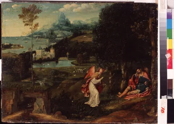 ""Landskap med legenden om Saint Roch"" (Landskap med legenden om Saint Roch) Saint Roch (1345-1376), som var sjuk i pesten, drevs ut ur staden. Målning av Joachim Patinir (Patinier eller Patenier) (cirka 1480-1524) Kharkov National Museum Ukraina