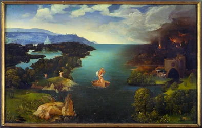 Överfarten över Styx: Charon i sin båt i underjorden. Målning av Joachim Patinir (Skater) (1485-1524), flamländsk skola. Mått 0,64 x 1,03 m, Madrid, Museo del Prado
