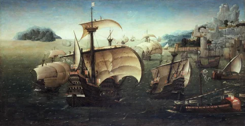 Portugisiska Carracks utanför en stenig kust, ca 1540