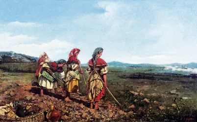 Neapolitansk landskap med karaktärer. Neapolitanska bönder plöjer ett fält på landsbygden. Målning av Joaquim VAYREDA i VILA (1843-1894)