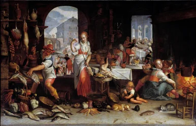 En kvinna snurrar en kyckling i ett kök fyllt med mat. Målning av Joachim Wtewael (1556-1638) Sön. 0,63x1 m