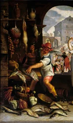 Detalj av "" Köksscenen med liknelsen om festen"" En man förbereder fisk. Målning av Joachim Wtewael (1556-1638) Sön. 0,63x1 m Paris, Louvren.