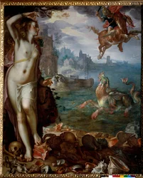 Perseus räddar Andromeda fastkedjad på en sten. Hjältarna klättrar på Pegase, slåss mot ett marint monster. Målning av Joachim Wtewael (1566-1638) (Ec. Hol.) 1611 Sön. 1,8x1,5 m