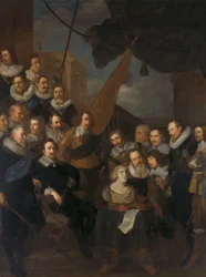 Officerare och andra medborgargardister från XIX-distriktet i Amsterdam, under befäl av kapten Cornelis Bicker och löjtnant Frederick van Banchem, väntar på att välkomna Marie de Médicis, 1 september 1638