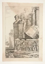 Porträttbyster, kolumner, rökurna och en relief