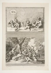 övre halvan: A River God och Putti leker med symbolerna för berömmelse nedre halvan: The Punishment of Cupid