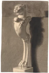 Ritning efter gips. Kopia efter antik (?) skulptur. Prydnad med lejonhuvud och fot