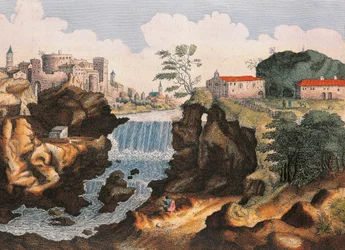 Aniene-vattenfallet i Tivoli (Rom), från Italiens underverk, av Joan Blaeu, målning