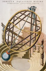 Stor ekvatorial armillarsfär designad av Tycho Brahe, illustration från Le grand atlas ou Cosmographie blaviane (Atlas Maior), av Joan Blaeu, gravyr, Nederländerna