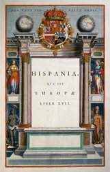 Hispania quae est Europae (Spanien), Bok XVII, titelsida Volym IX, Atlas Maior, av Joan Blaeu (1596-1673), kopparstick, 57,5x39 cm, Amsterdam
