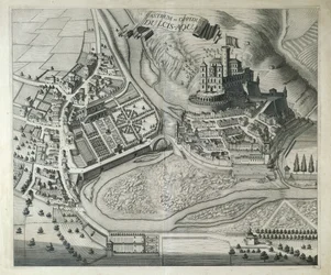Italien, Dolceacqua, Byn Dolceacqua (Imperia) från Theatrum Regiae Celsitudinis Savoy av Joan Blaeu, Amsterdam