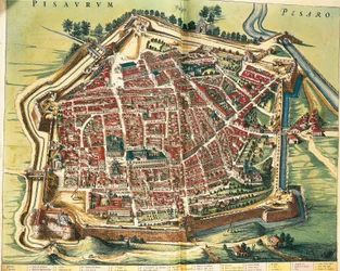 Italien, karta över Pesaro, från teatern i staden och Italiens under av Joan Blaeu, gravyr