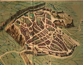 Karta över Acquapendente från The Theatre of the City and Wonderful Italy av Joan Blaeu, gravyr
