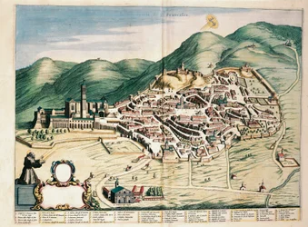 Karta över Assisi från Theatrum civitatum et admirandorum Italiae, av Joan Blaeu, gravyr