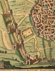 Karta över Bologna, från teatern i staden Italien, detalj av Joan Blaeu, gravyr