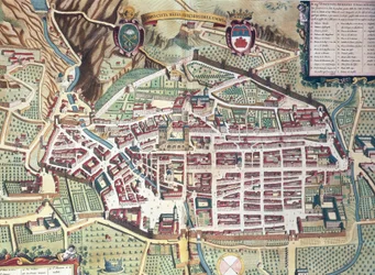 Ramani ya Gubbio, Italia, kutoka ukumbi wa michezo wa Jiji na Italia ya Ajabu na Joan Blaeu, akichonga