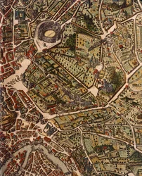 Karta över Rom, av Joan Blaeu (1596-1673), tryck från Theatrum Civitatum et Admirandorum Italiae, ad Aevi Vetis et Present Temporis Faciem Expressum, Italien
