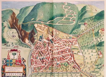 Karta över Spoleto från Theatrum civitatum et admirandorum Italiae, av Joan Blaeu, gravyr