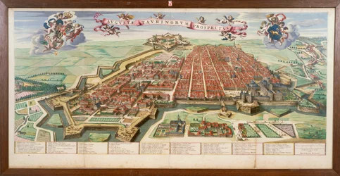 Karta över Turin, av Joan Blaeu från Theatrum Sabaudiae, gravyr