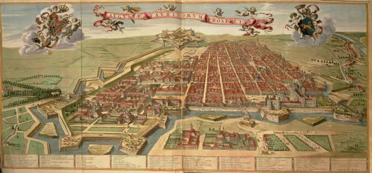 Karta över Turin, gravyr från Theatrum Sabaudiae av Joan Blaeu, tryckt i Italien