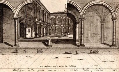 Innergården i Archiginnasio-palatset, Bologna, Emilia-Romagna, Italien, kopparstick, ca 21x29 cm