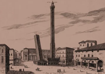 O olo e lua (Asinelli ma Garisenda), Bologna, Bologna, Emilia-Romagna, Italia, togitogiga kopa, pe 21x29 cmswed