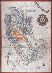 Karta över den arabiska halvön, med vindros och detaljer om hamnar och havskuster, i Atlas de Joan Martines