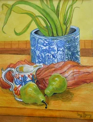 Blå och vit kruka, kanna och päron, 2006