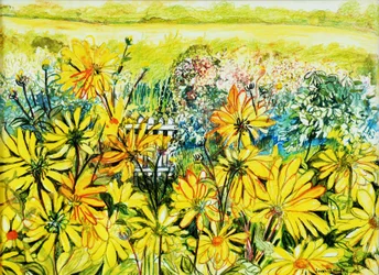 Cottage Gate sedd genom Sun Daisies, 2005, (vattenfärg)