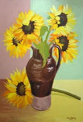 Fem solrosor i en lång brun kanna, 2007 (gouache)
