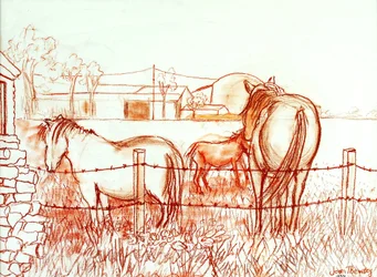 Serenade, Janie and a Donkey in the Meadow, 2000, (Terracotta Conte`)