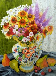 Viktoriansk kanna med blandade blommor, päron och körsbär, 2010, gouache