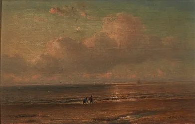 Figures By the Coast at Dusk (olja på panel)