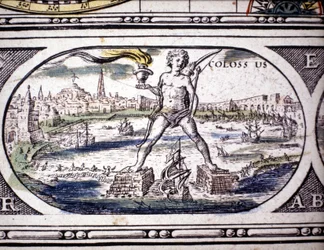 Representation av antikens sju underverk: Kolossen på Rhodos. i Janssons atlas Jannsonius tryckt i Amsterdam 1630. Privat samling.